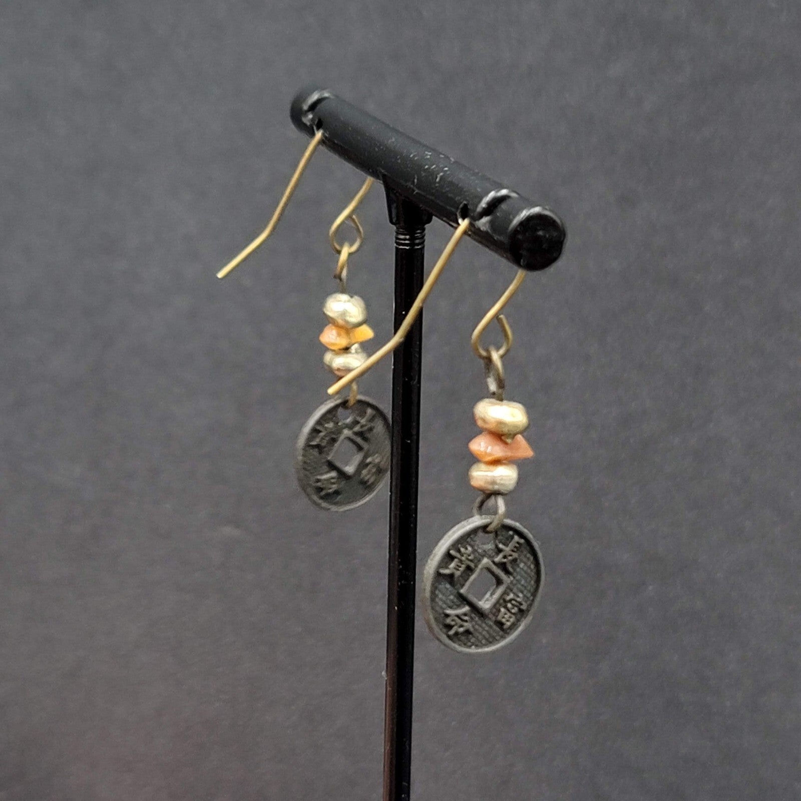 Pierced Earrings Beaded Asian Coin Dangle 1"