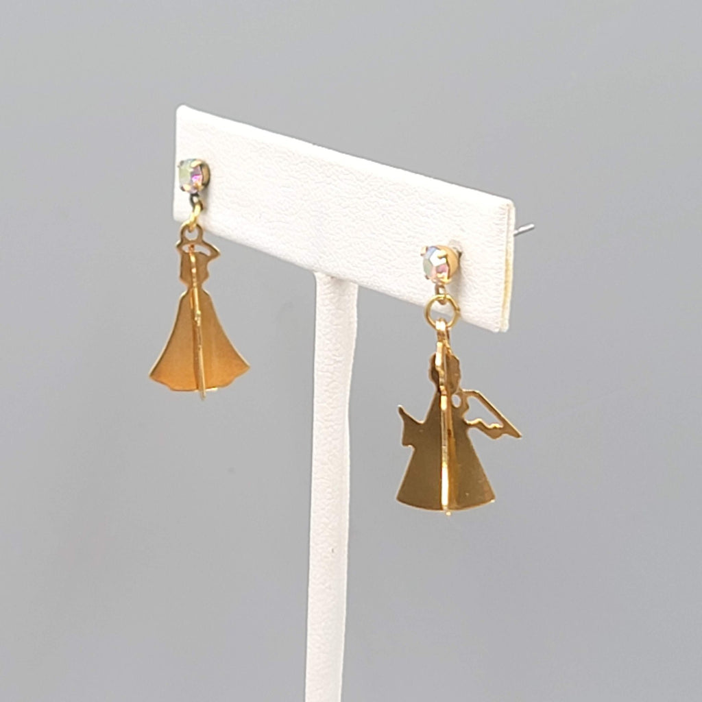 Vintage Christmas Angel Pierced Earrings Gold tone Dangle 3/4"