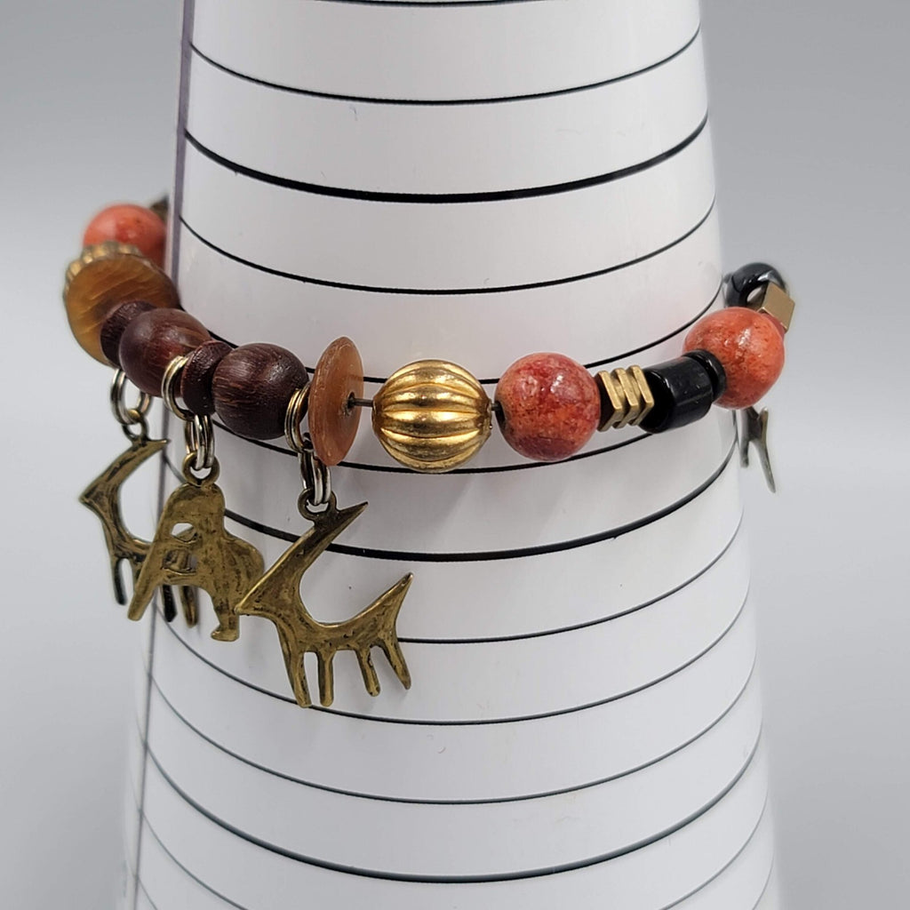 Stone Brass Animal Charm Bracelet Memory Wire Brown Orange