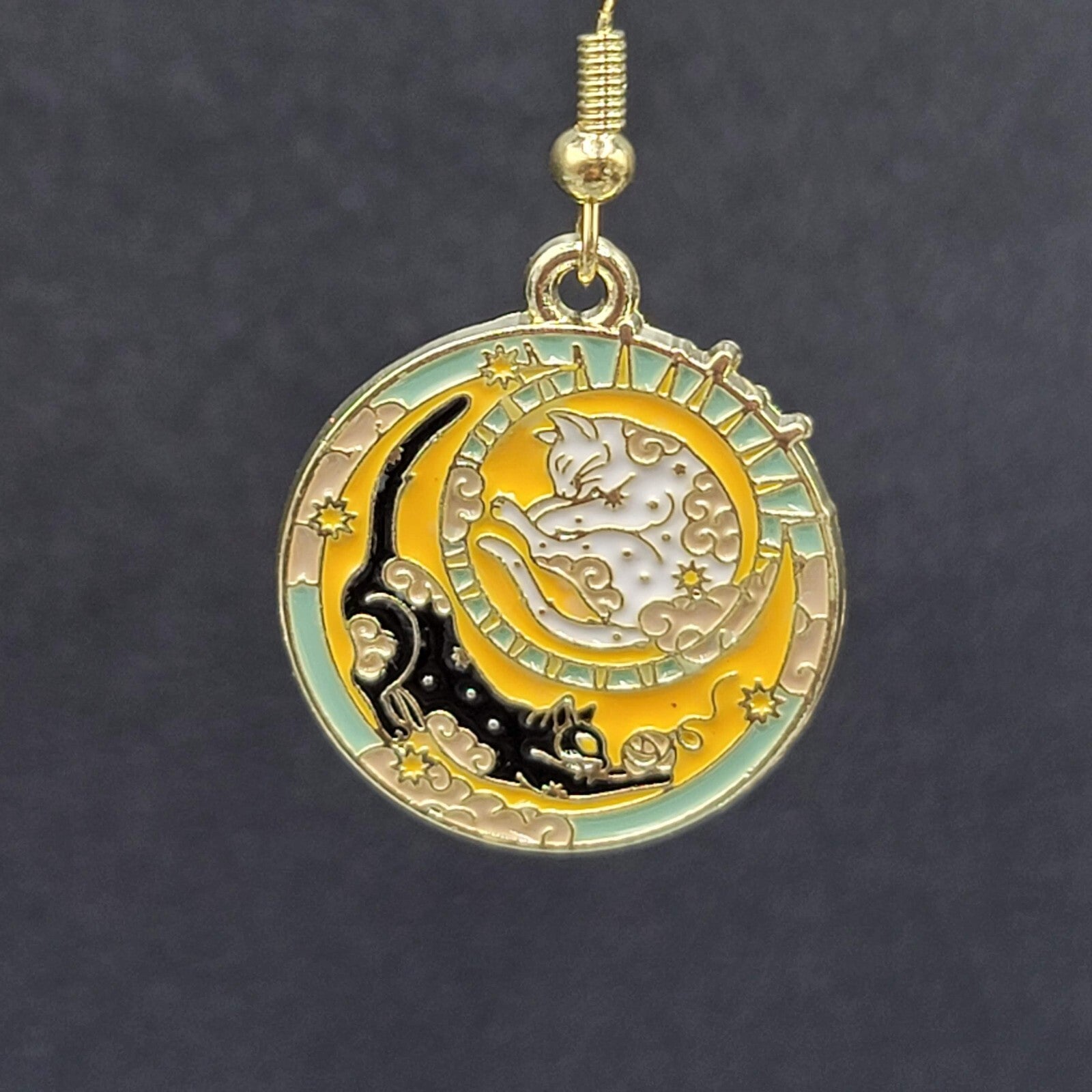 Pierced Earrings Gold tone Enamel Black Cat White Cat Sun Moon Dangle 1"