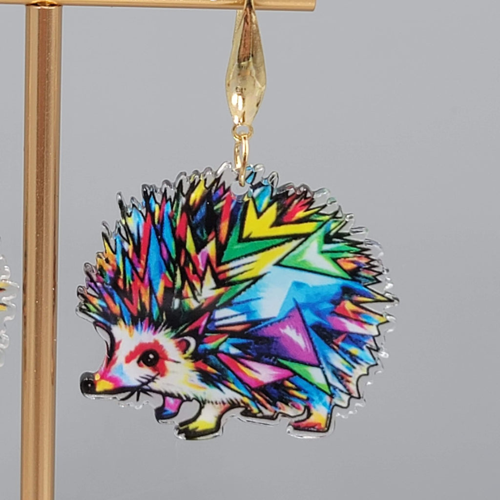 Multicolor Mosiac Hedgehog Pierced Earrings Acrylic Dangle Gold tone Hook 1.25"