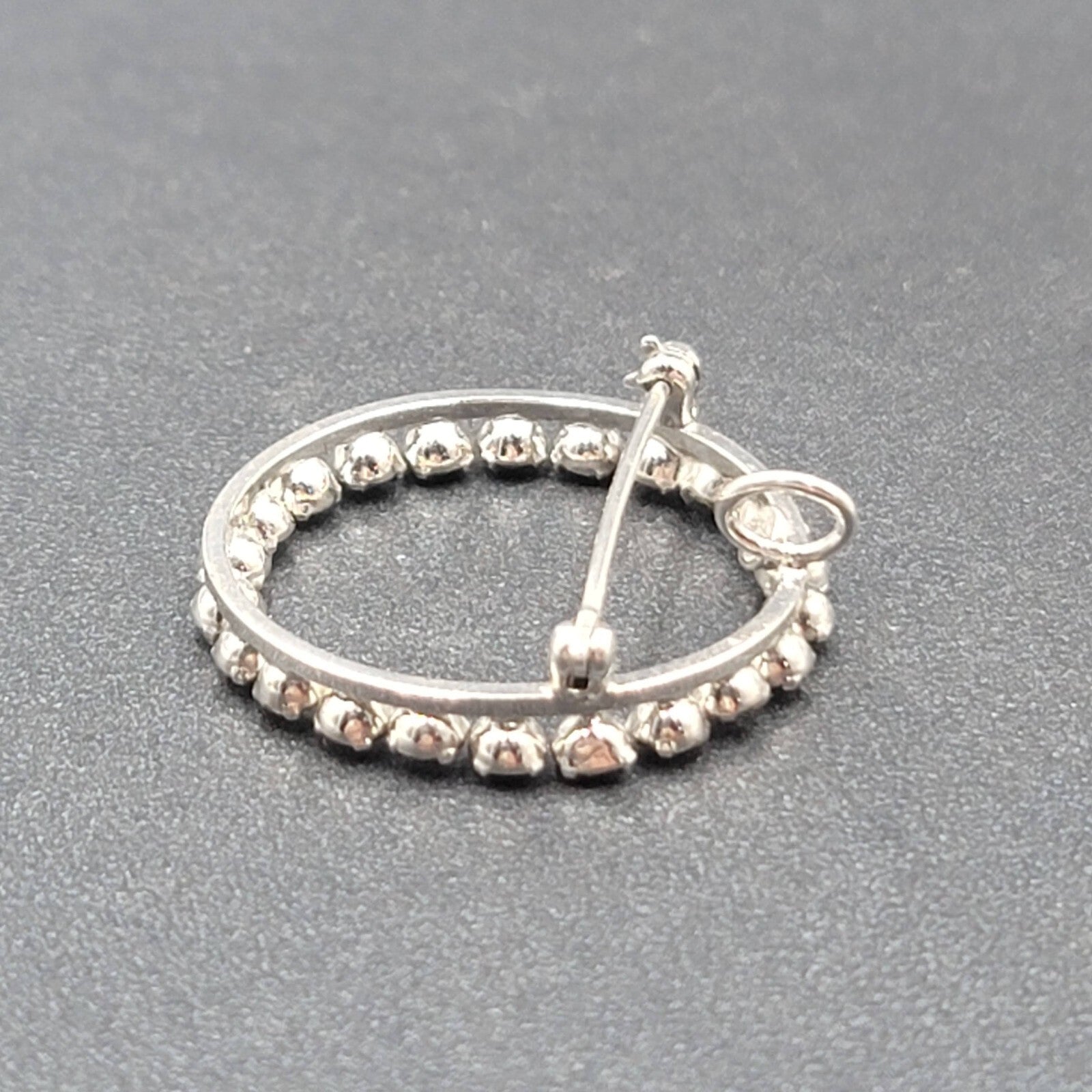 Vintage Sterling Silver Brooch Open Circle Crystal Rhinestone & Pendant 1 1/8"