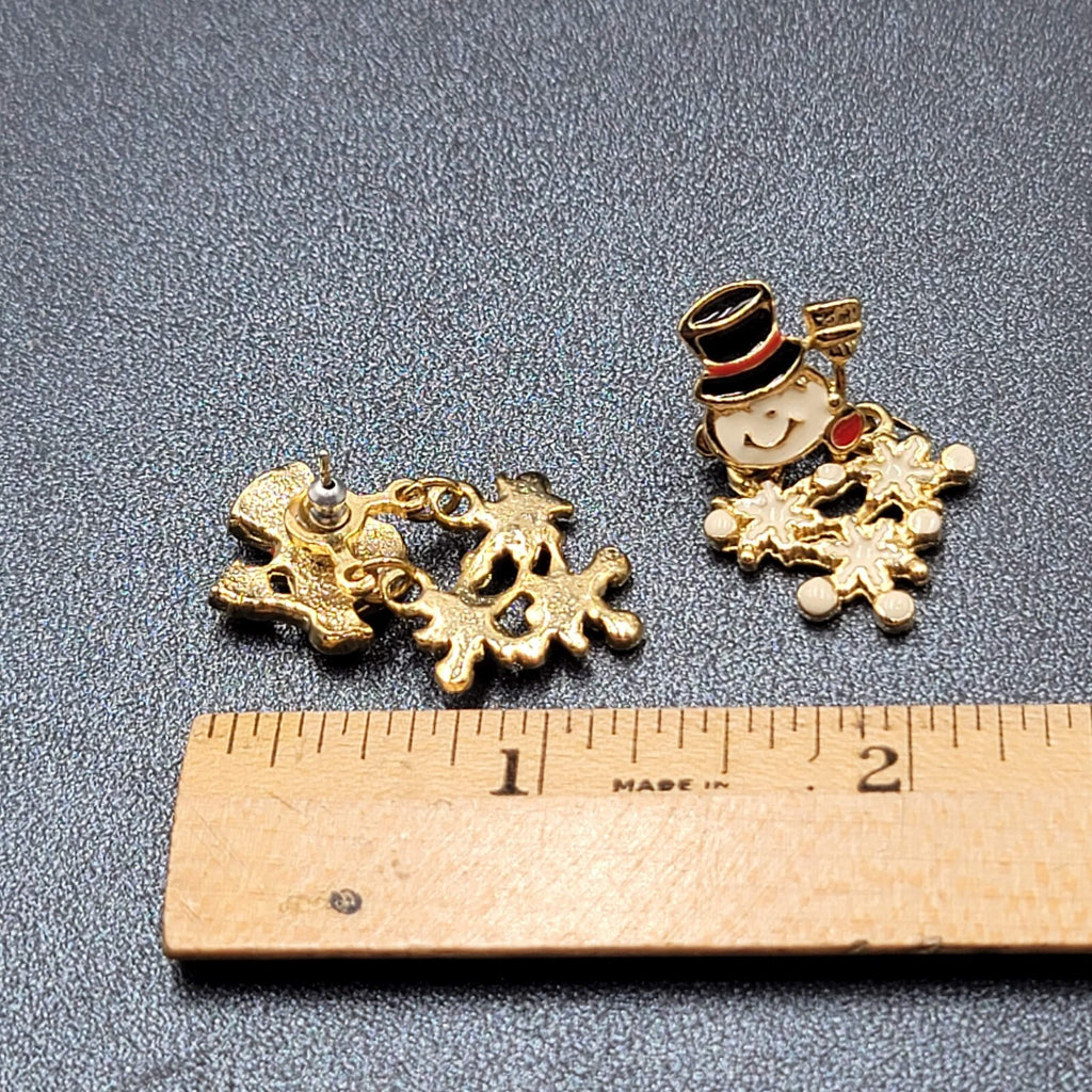 Snowman Pierced Earrings Gold tone Enamel Jacket Back Dangle 1.25"