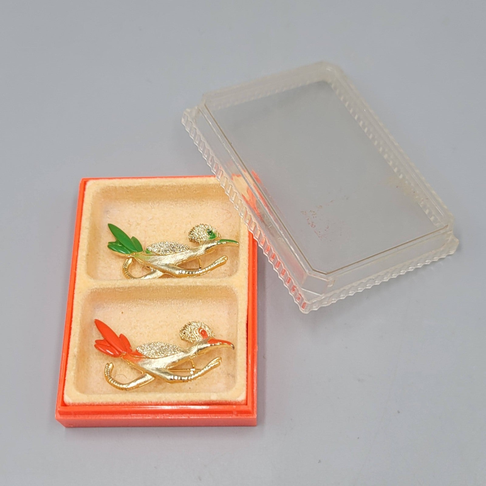 Vintage Roadrunner Brooch Original Box Orange Green Enamel Lot of 2 Gold tone