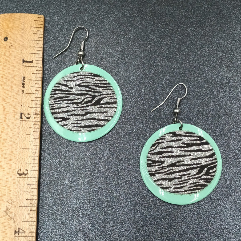 Pierced Earrings Seafoam Sparkle Zebra Print Enamel Round Dangle 1 1/2"