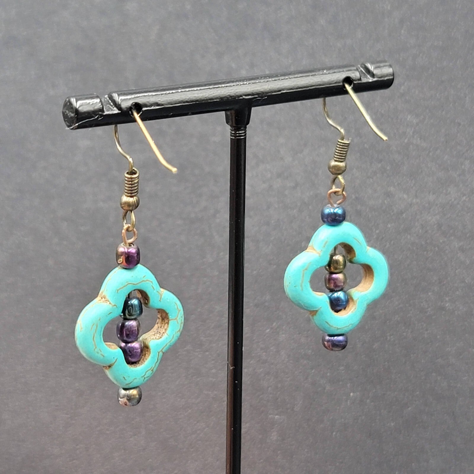 Pierced Earrings Dyed Blue Howlite Open Work Bead Dangle  1 1/8"
