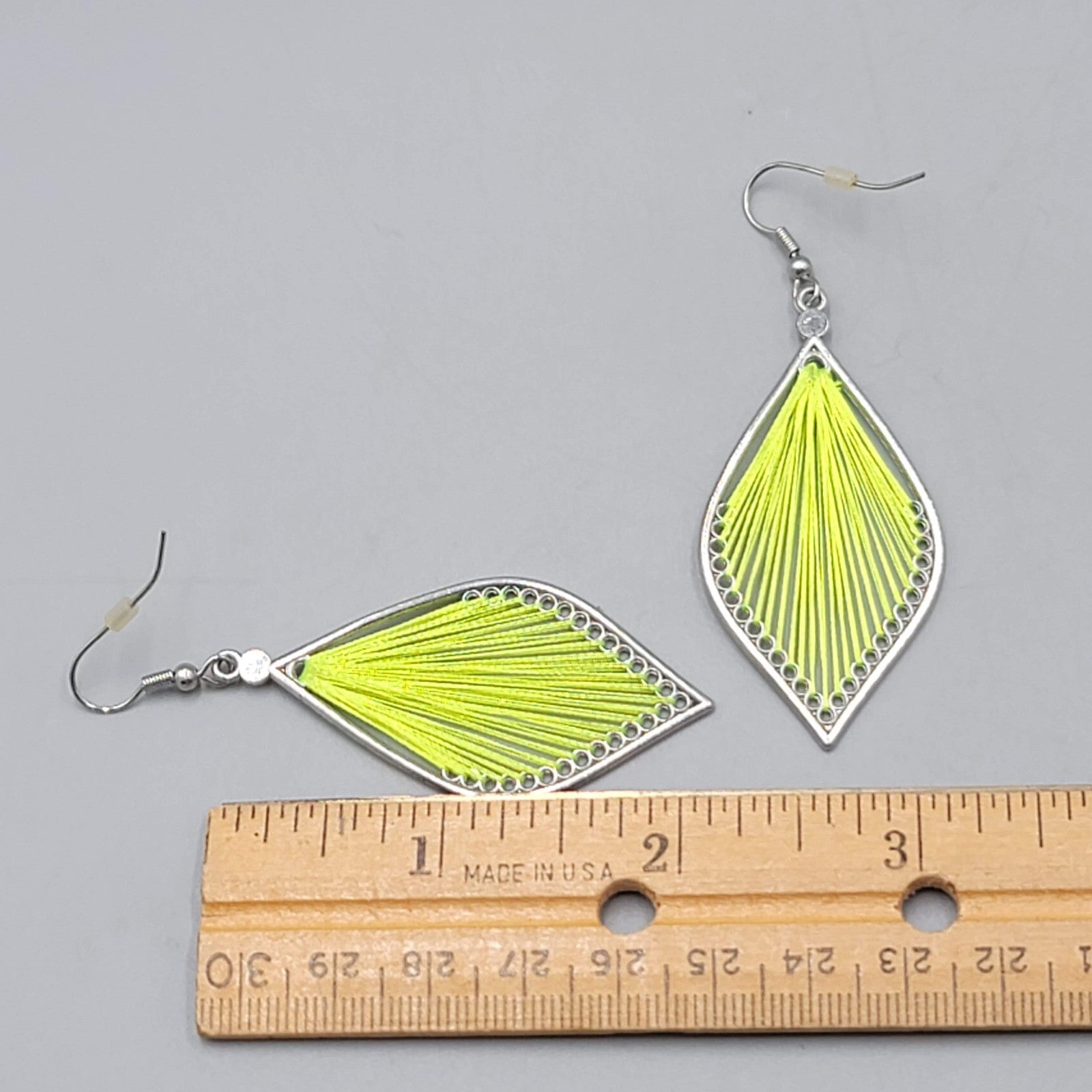 Neon Green String Art Pierced Earrings Silver tone Dangle 2.25 in