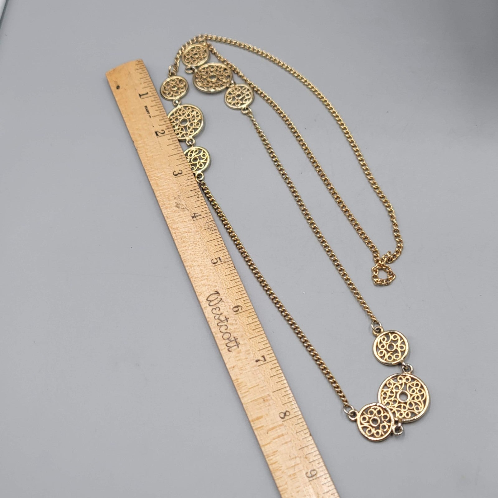 Vintage Long Chain Necklace Gold tone Open Work Round Accents 34 in