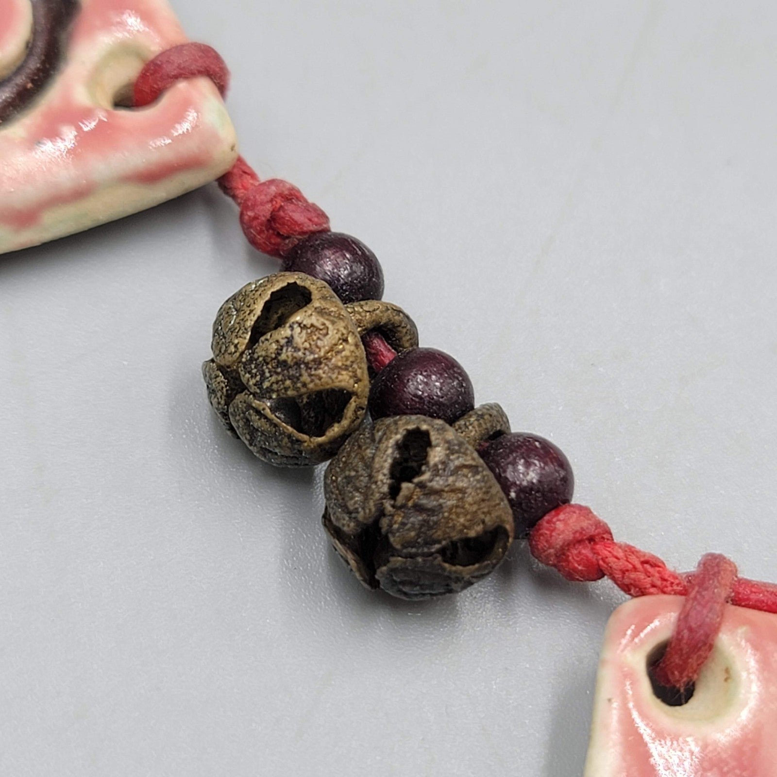 Artisan Necklace Handmade Art Pottery Bells Hand Knotted Cord 16"-18"