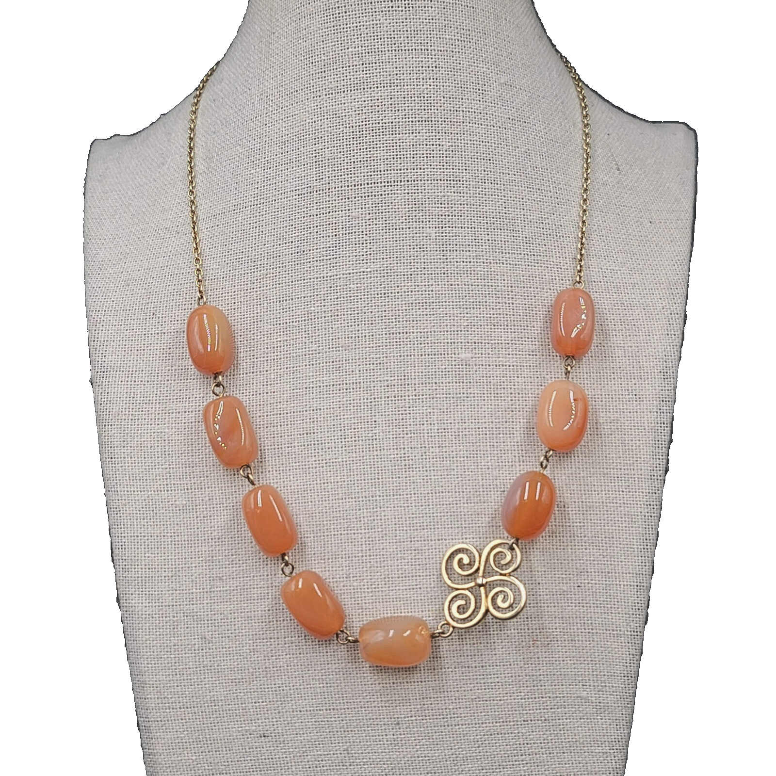 Vintage MWS Gold Plated Sterling Silver Orange Glass Bead Necklace 18"-20"