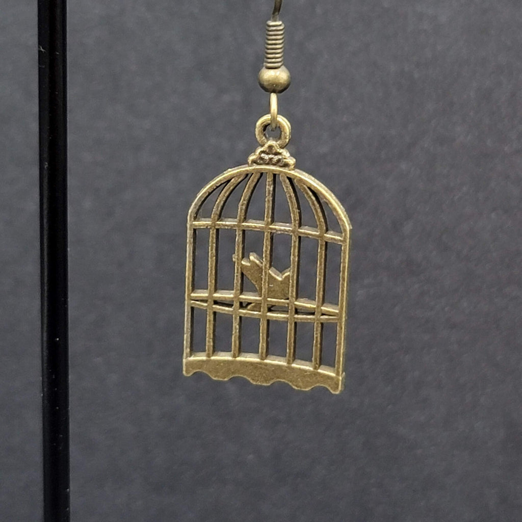 New Bird in the Cage Pierced Earrings Bronze tone Dangle 1"