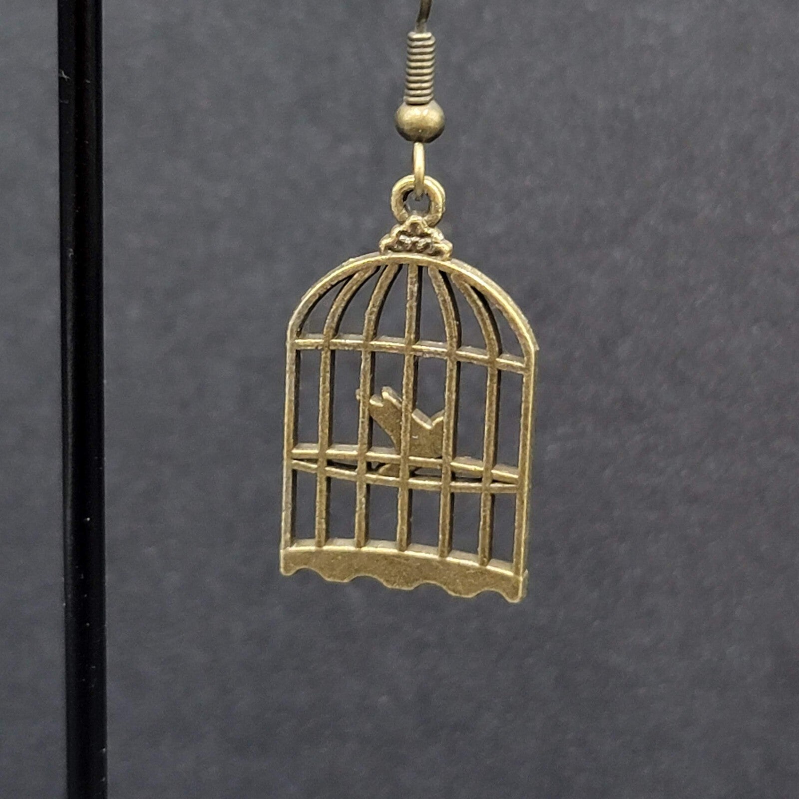New Bird in the Cage Pierced Earrings Bronze tone Dangle 1"