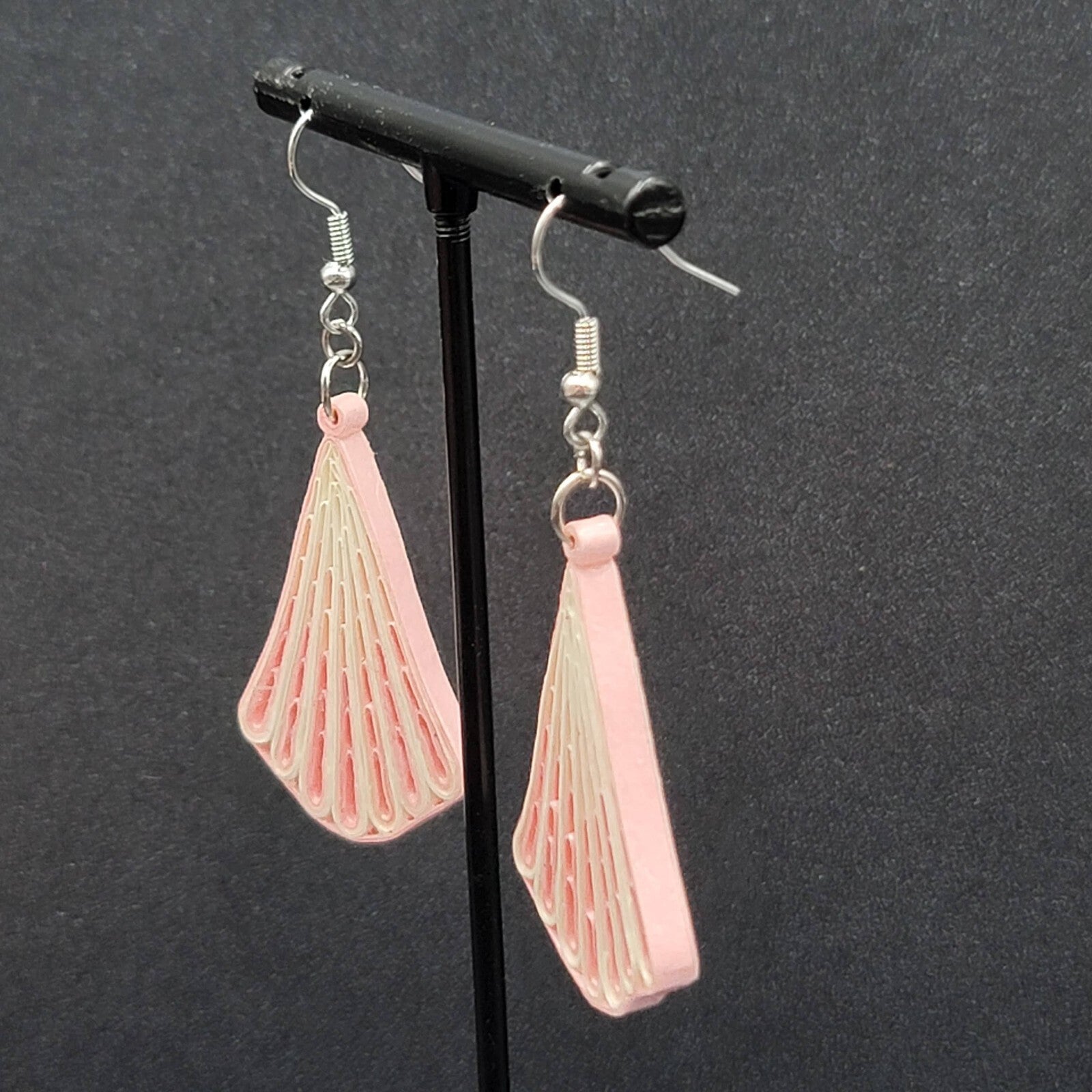 Vintage Pierced Earrings Paper Quilled Pink White Dangle Hand Made 2"
