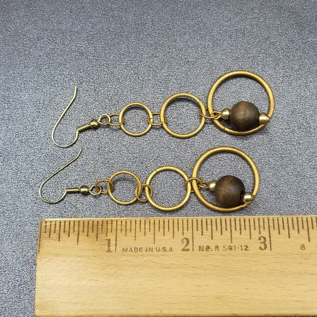 Pierced Earrings Antiqued Gold tone Graduated Chain Wood Bead Dangle 2 1/8"