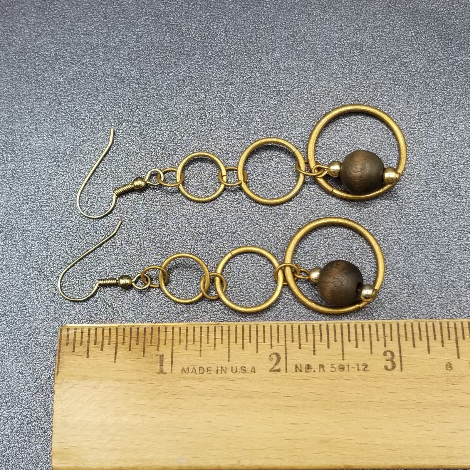 Pierced Earrings Antiqued Gold tone Graduated Chain Wood Bead Dangle 2 1/8"