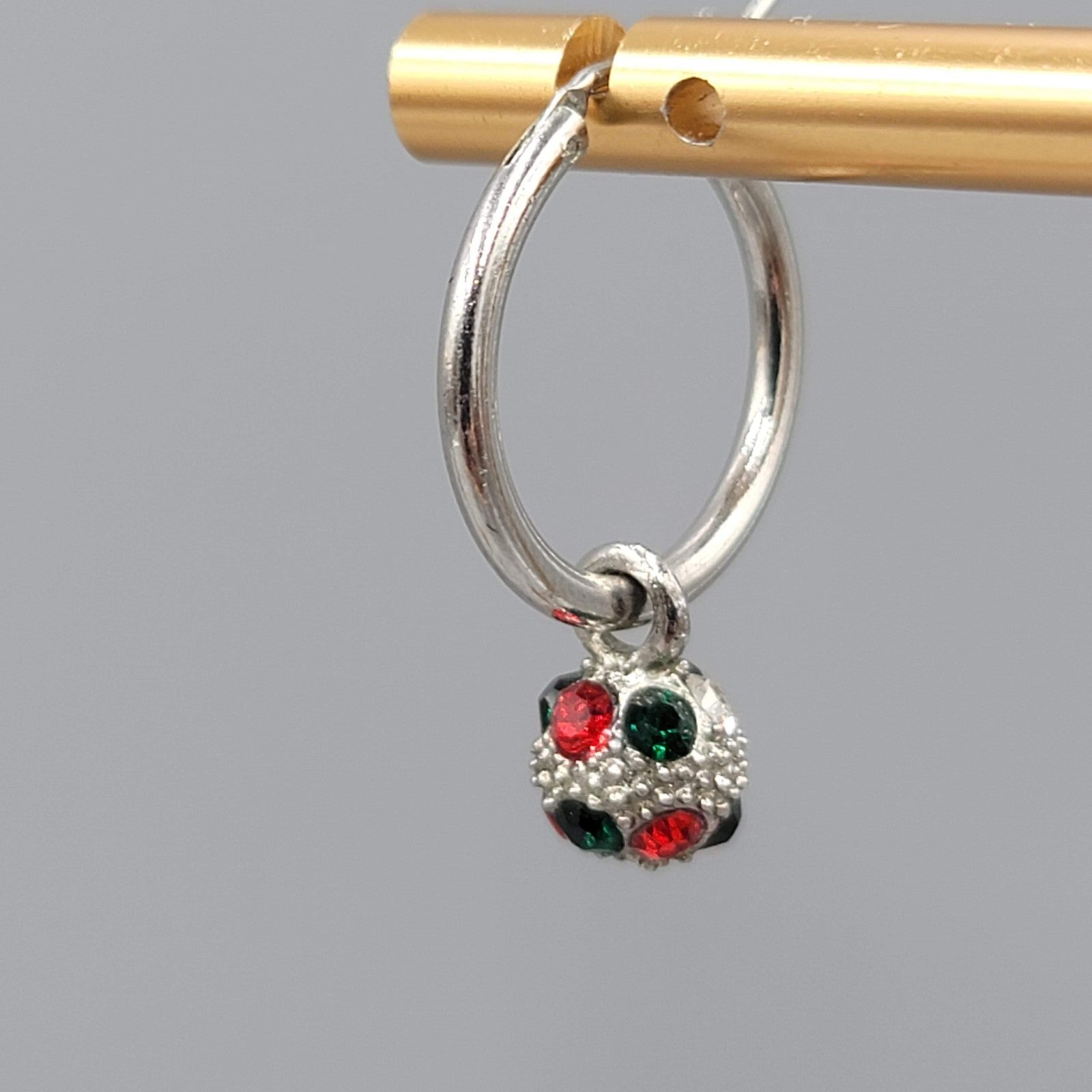 Christmas Red Green Crystal Pierced Earrings Silver tone Dangle Hoops 1 in