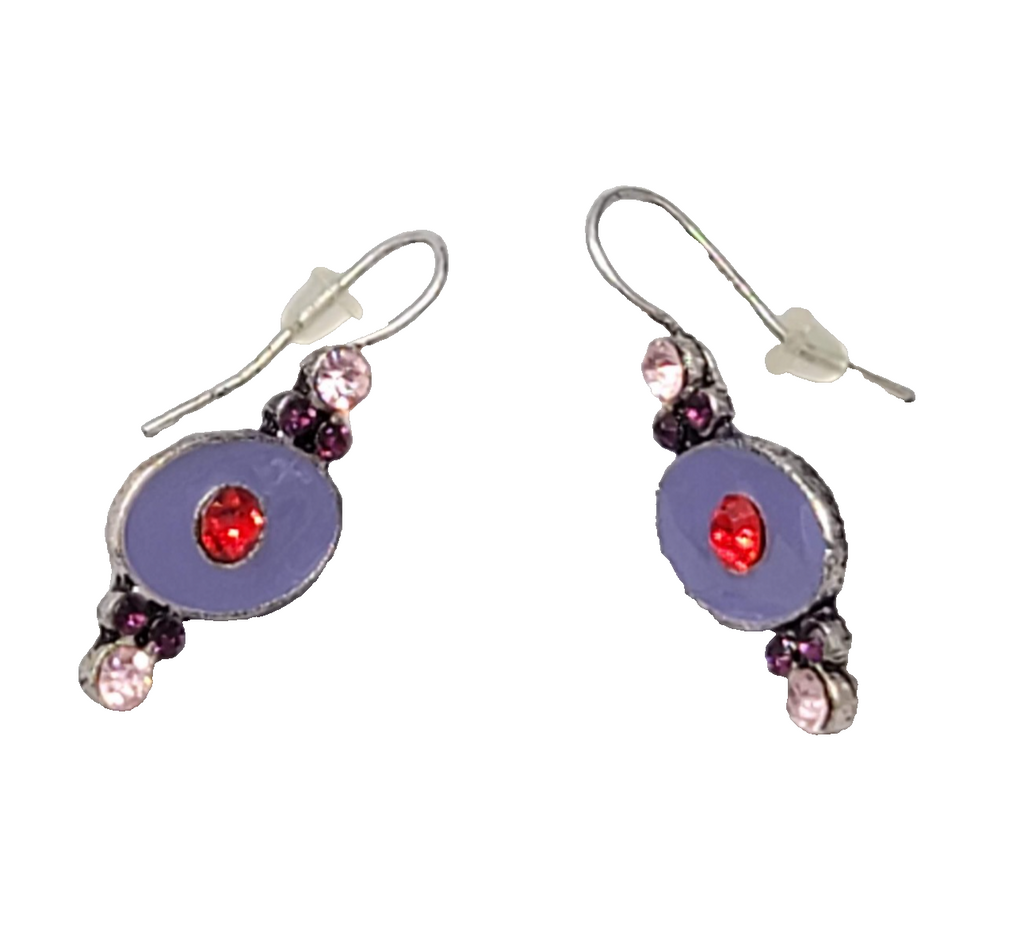 Purple Enamel Red Rhinestone Pierced Earrings Silver tone Drop 7/8"