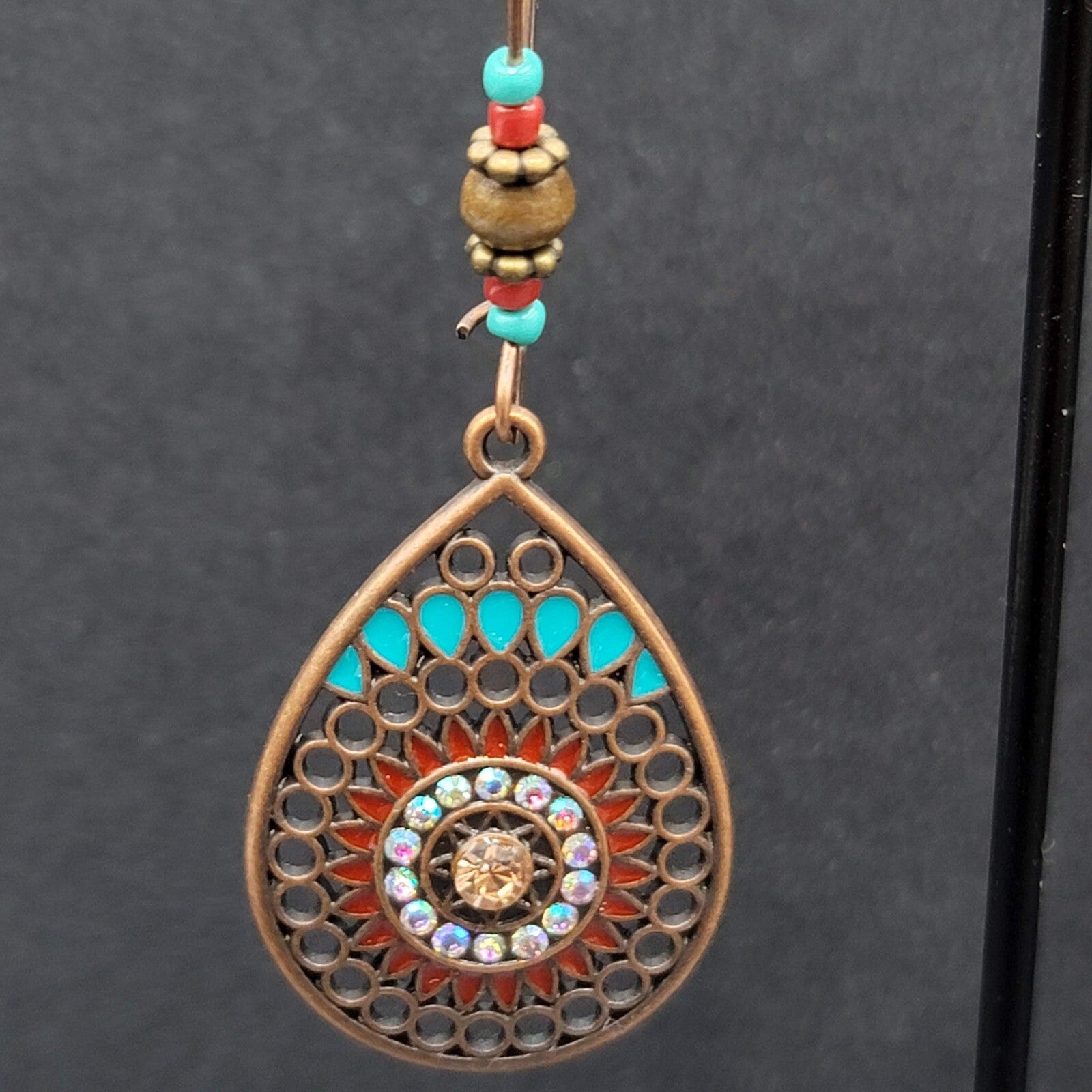 New Boho Pierced Earrings Copper tone AB Crystal Beaded 2 5/8"