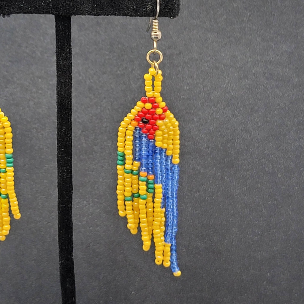 Vintage Pierced Earrings Yellow Seed Bead Parrot Bird Dangle 2.75"