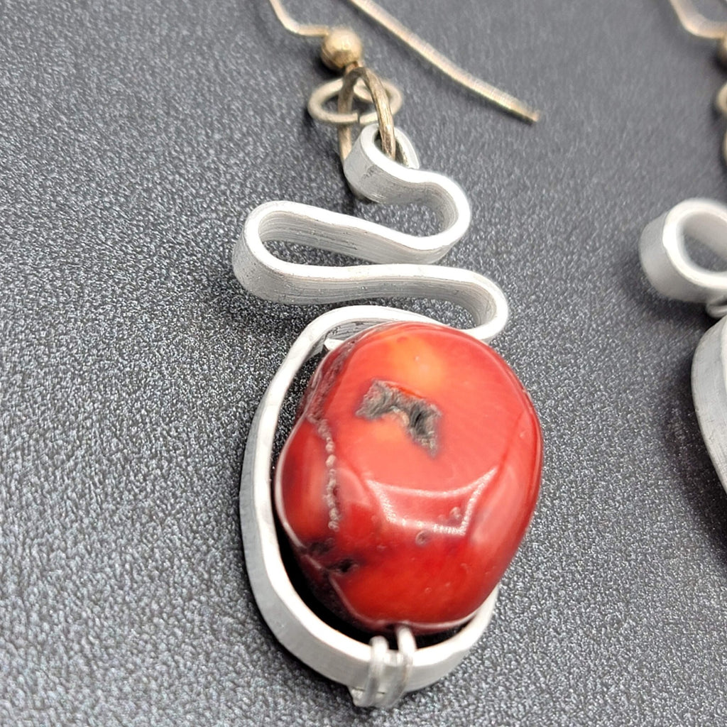 Artisan Pierced Earrings Large Coral Bead Silver tone Dangle 2"