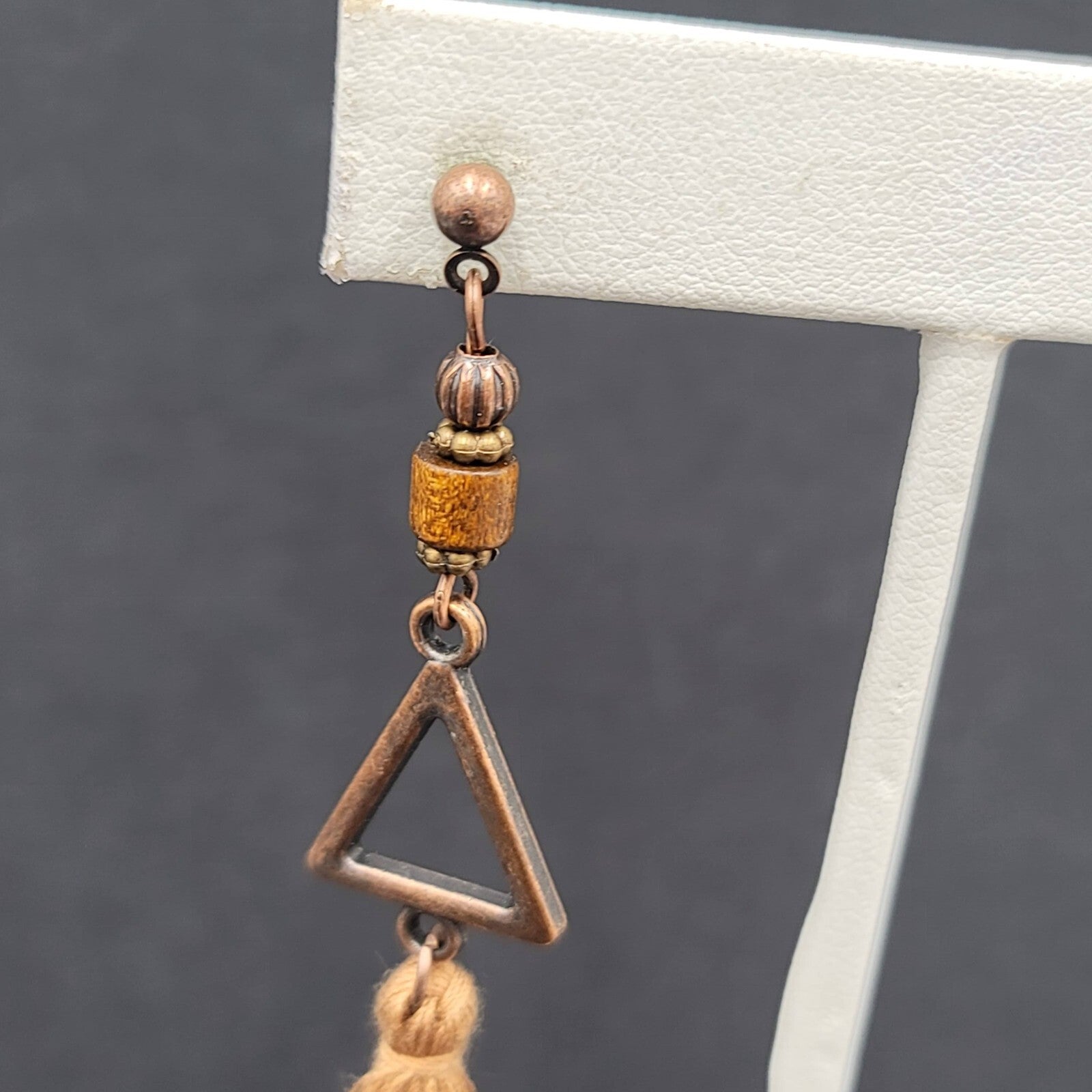 Tassel Pierced Earrings Bronze tone Wood Triangle Dangle 2.75"