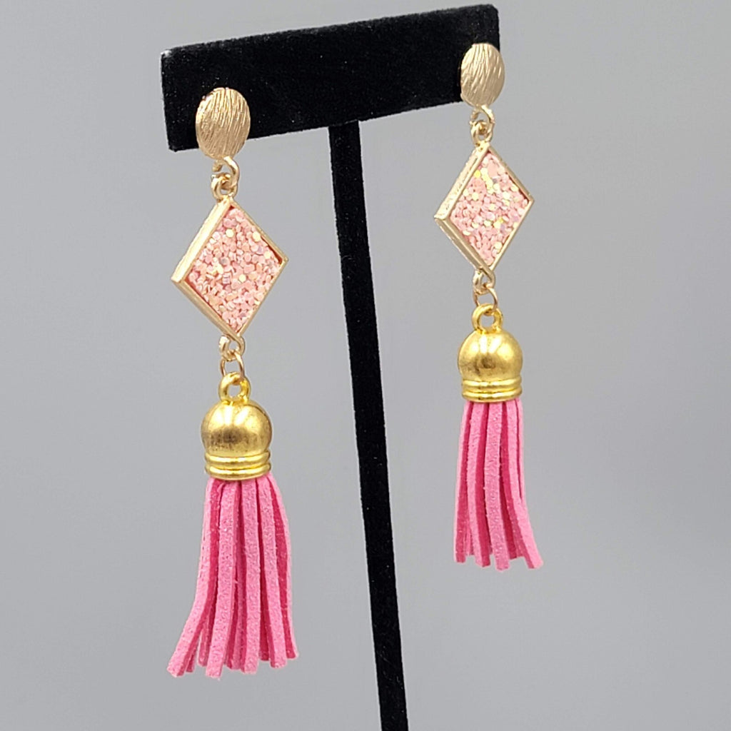 Pink Tassel Pierced Earrings Gold tone Dangle Long 3"