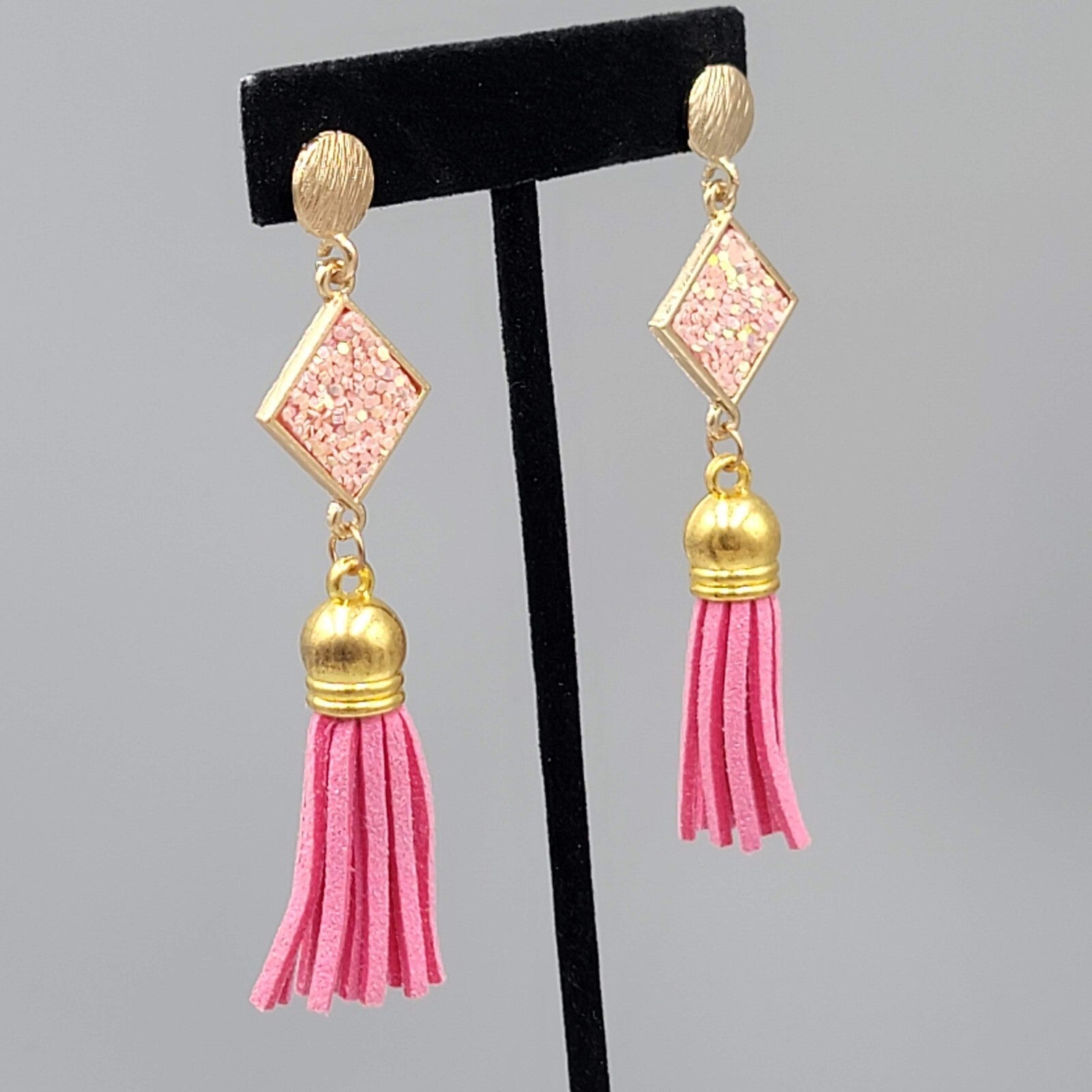 Pink Tassel Pierced Earrings Gold tone Dangle Long 3"