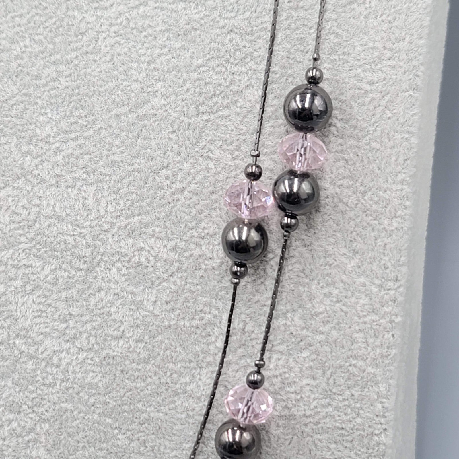 Double Black Chain Necklace Pink Glass Station Bead Long 28-30 in