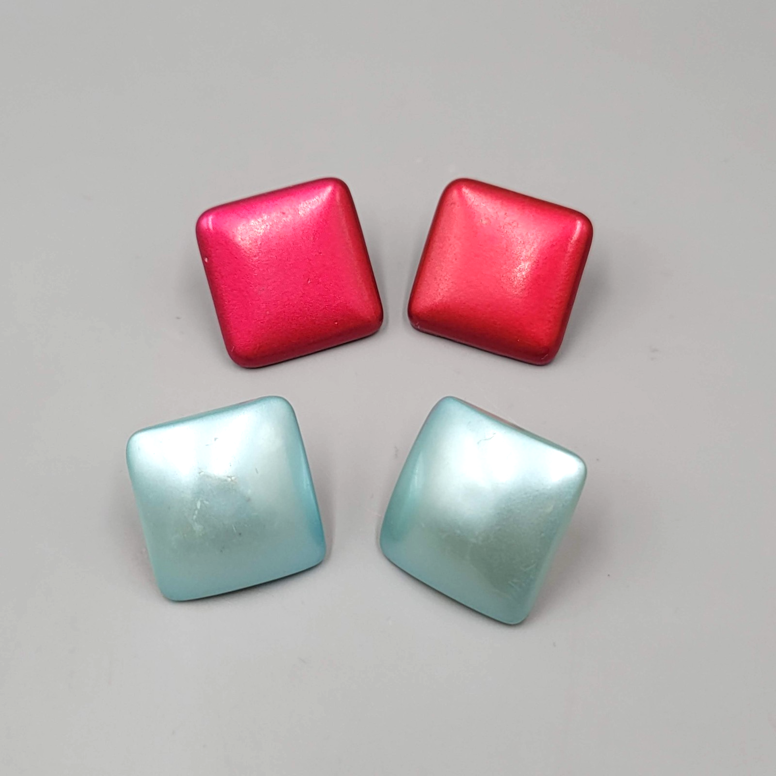 Vintage Square Pierced Earrings Red Blue Lot of 2 Retro Chunky Statement 1"