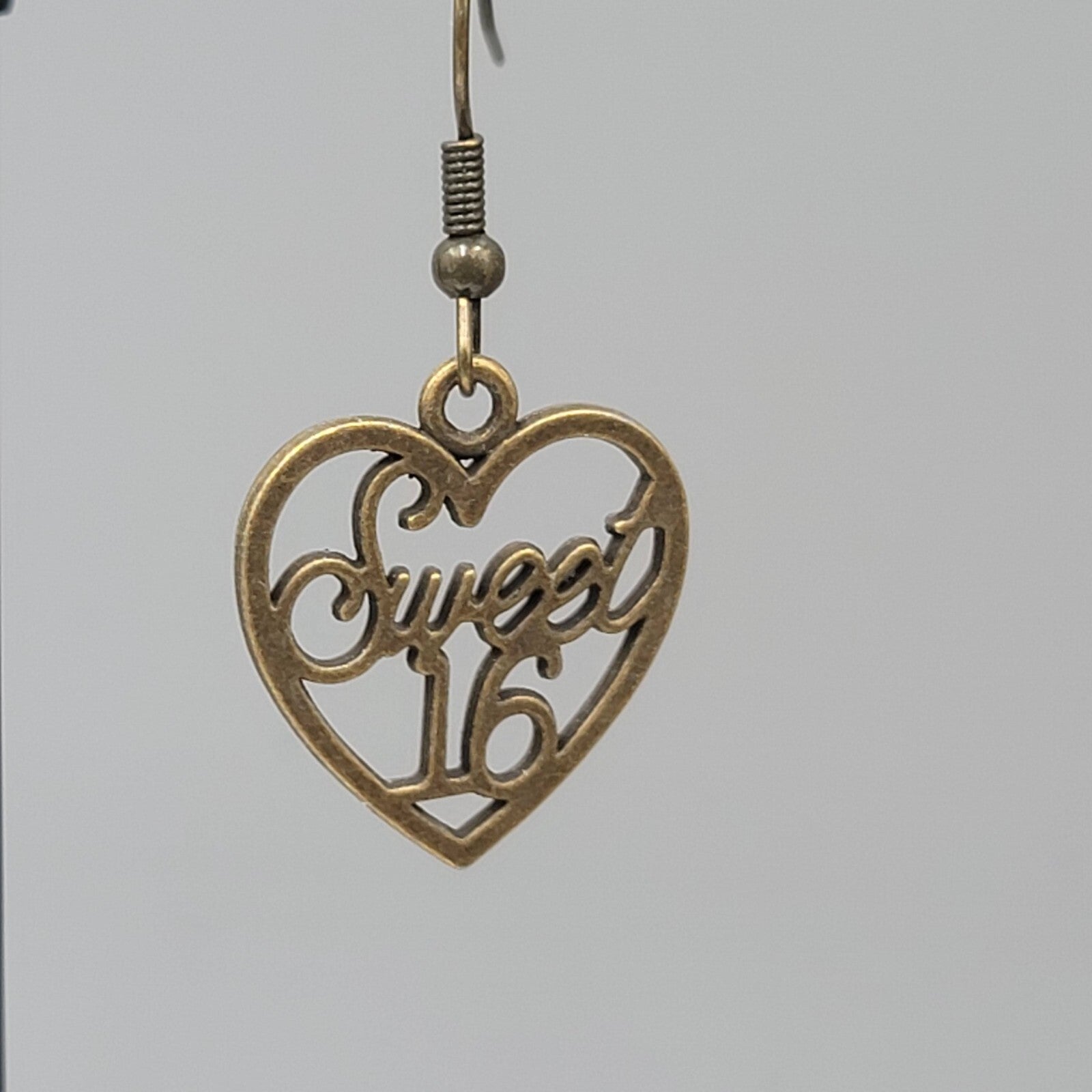 Sweet 16 Heart Pierced Earrings New Bronze tone Dangle 7/8"