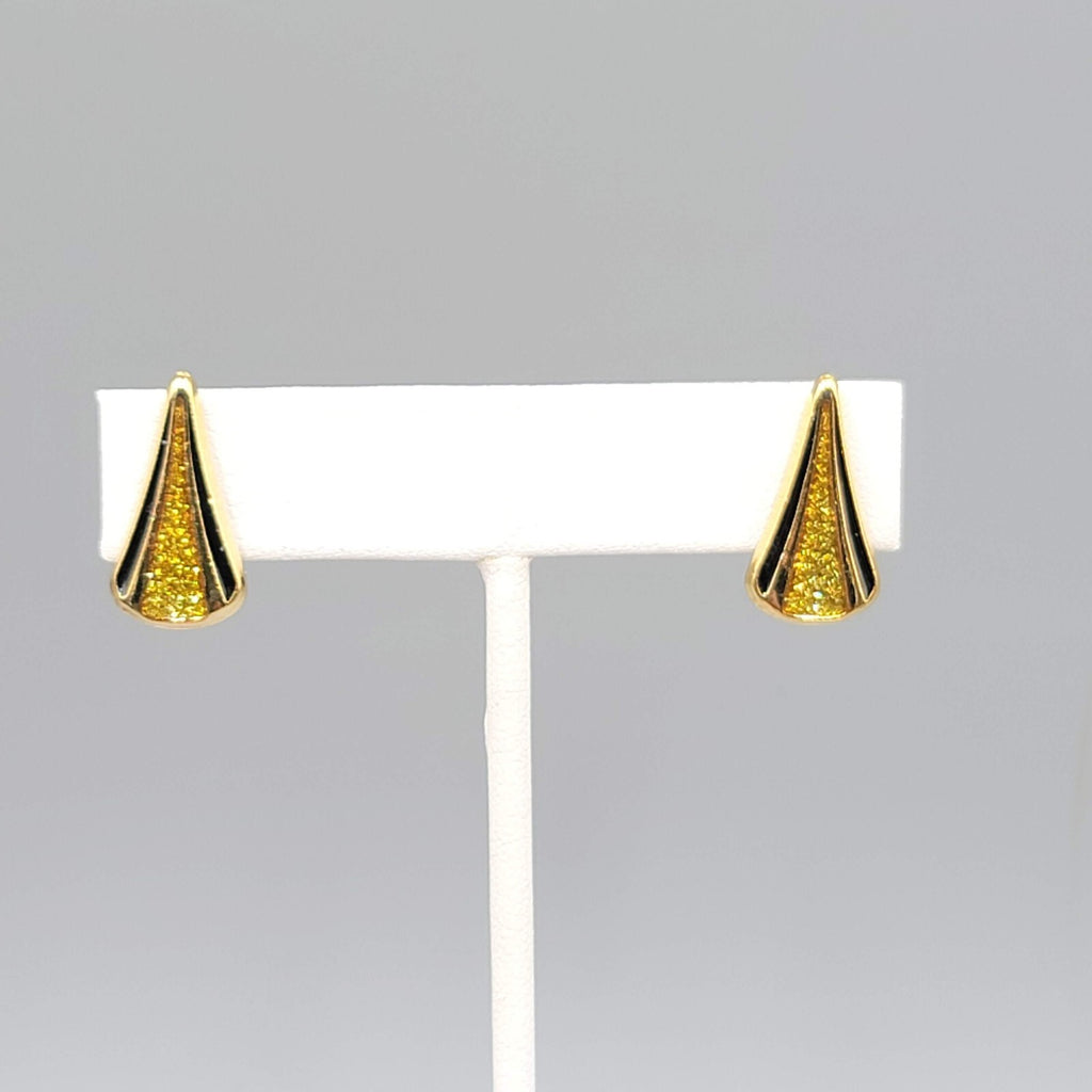 Vintage Clip on Earrings Glitter Gold tone Black Enamel Drop 3/4"