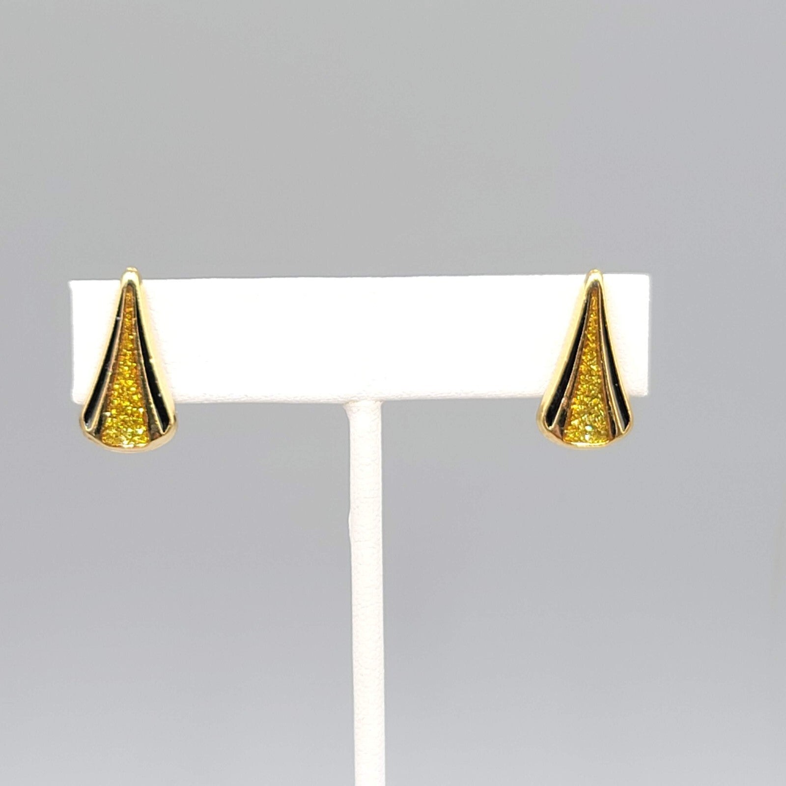 Vintage Clip on Earrings Glitter Gold tone Black Enamel Drop 3/4"