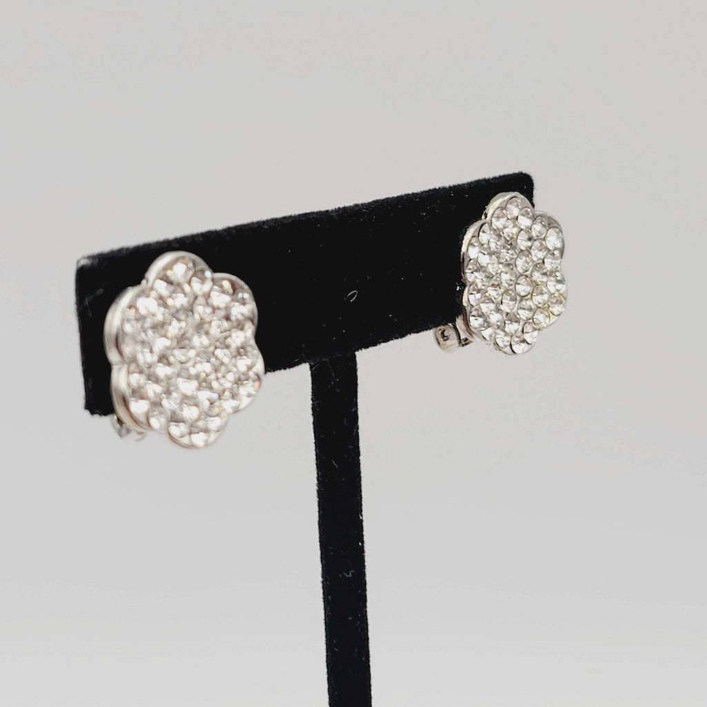Vintage Rhinestone Flower Shape Clip on Earrings Silver tone 5/8 in