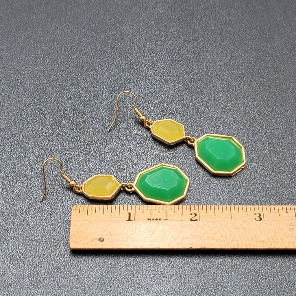 Pierced Earrings Gold tone Green Yellow Acrylic Dangle 1.75"