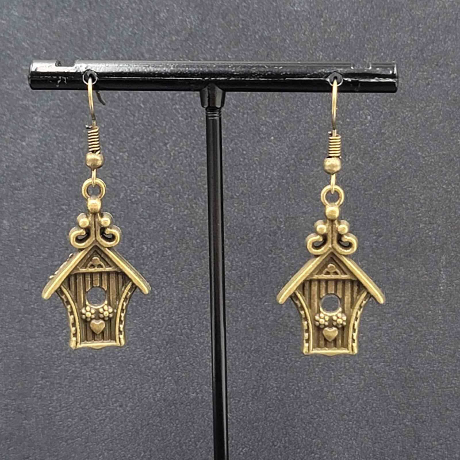 Birdhouse Pierced Earrings Bronze tone Dangle 3D Embossed 1 1/8"