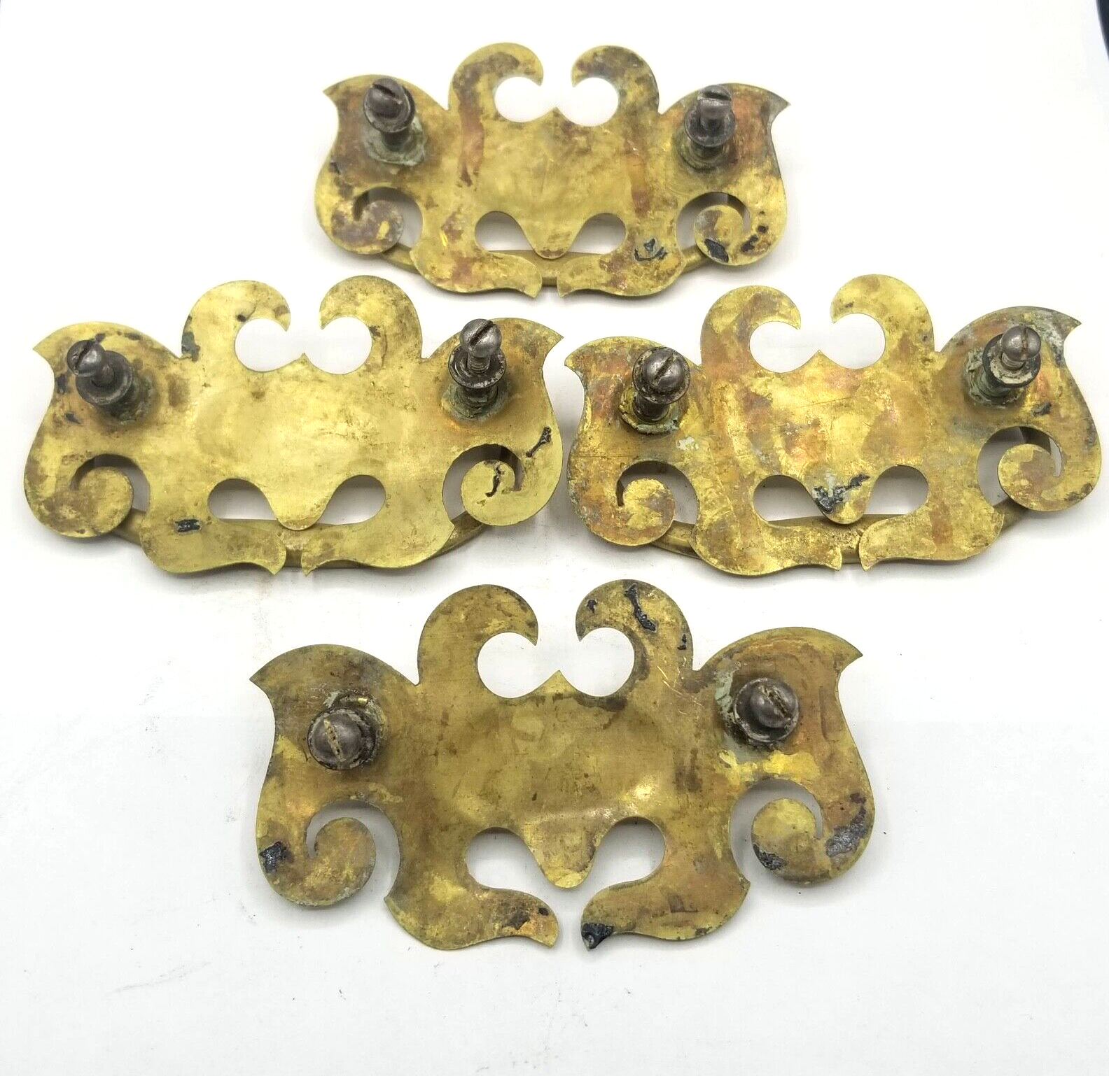 Lot of 4 Vtg Gold Metal Batwing Chippendale Style Drop Bail Drawer Pulls