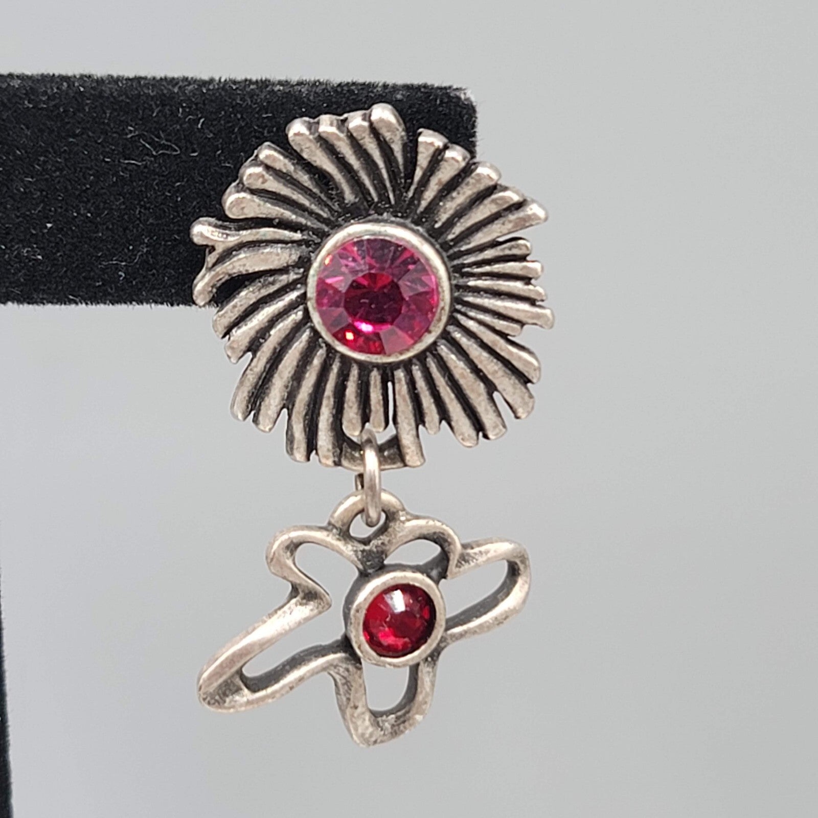 Chicos Flower Pierced Earrings Purple Red Rhinestone Silver tone Dangle 1.5"
