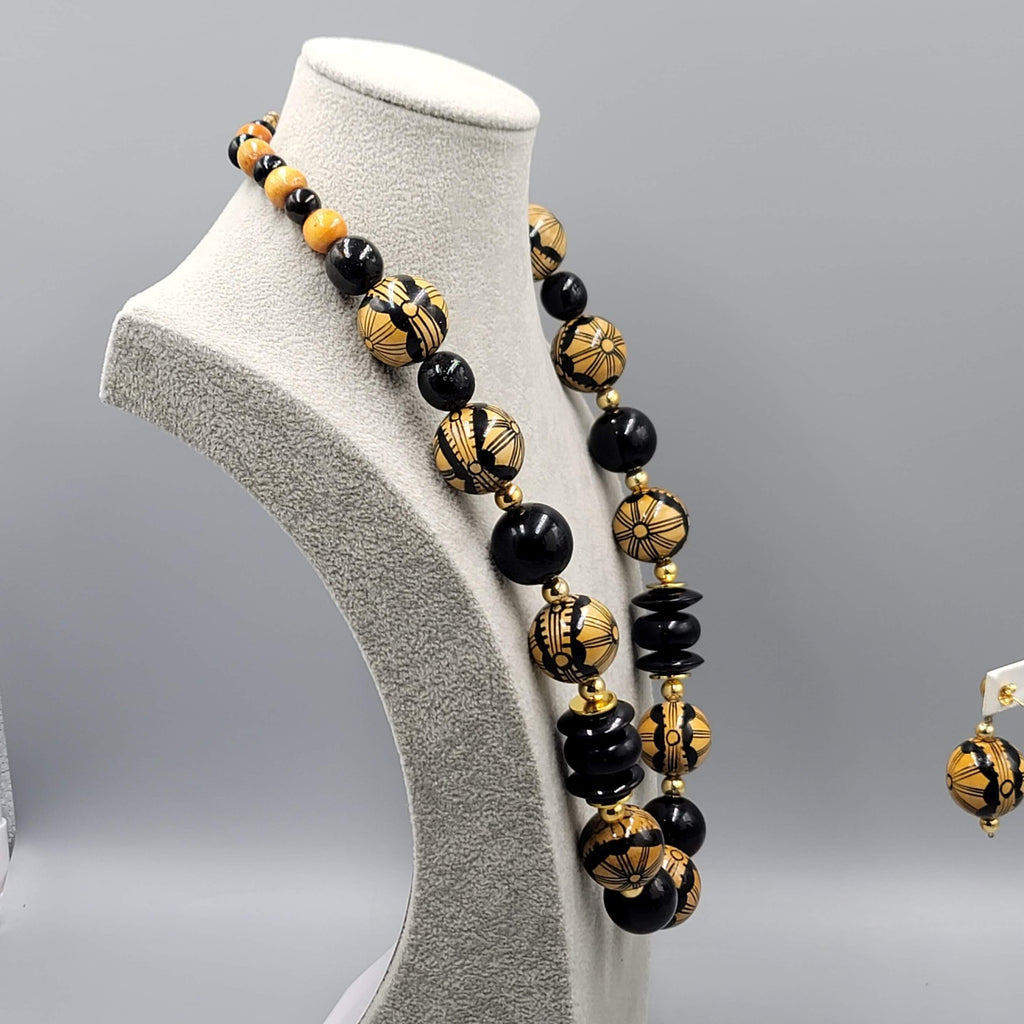 Vintage Large Bead Statement Necklace Pierced Earring Set Tan Black Gold tone