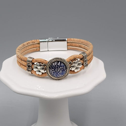 Cork Bracelet Blue Glass Cabochon Magnetic Clasp 7 in