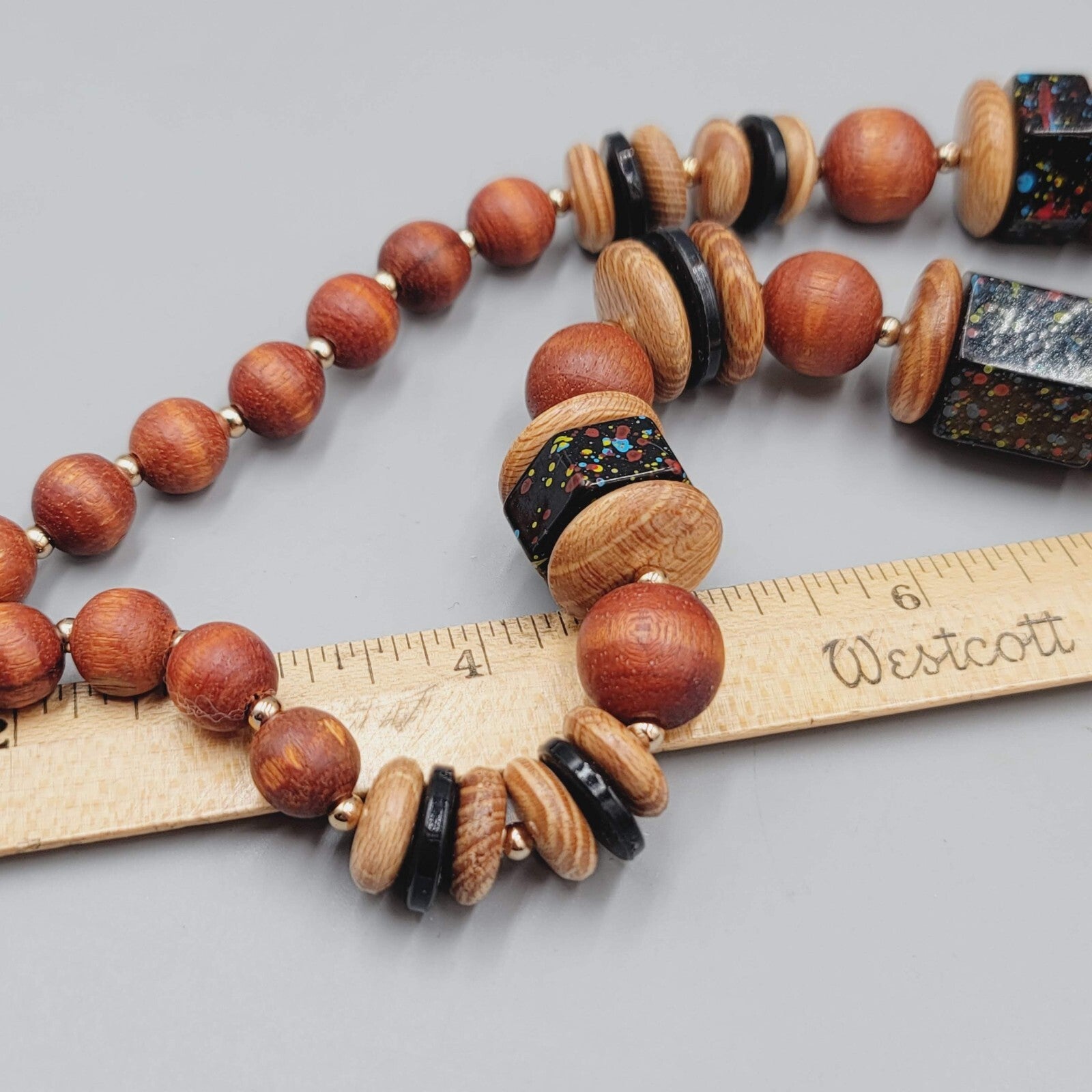 Vintage Wood Graduated Bead Statement Black Speckle Accent Bead 23"