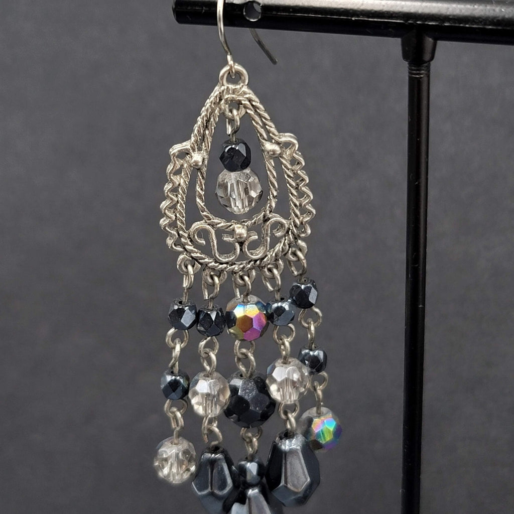 Pierced Earrings Silver tone Black AB Glass Beads Chandelier 3"