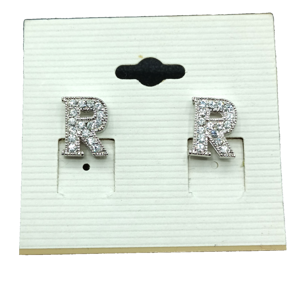 Pierced Earrings Silver tone Rhinestone Letter R Studs 1/2" New Old Stock