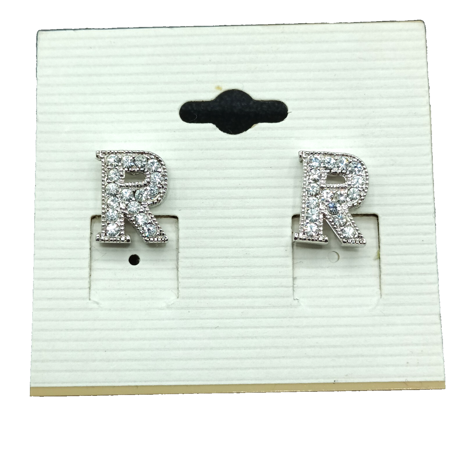 Pierced Earrings Silver tone Rhinestone Letter R Studs 1/2" New Old Stock