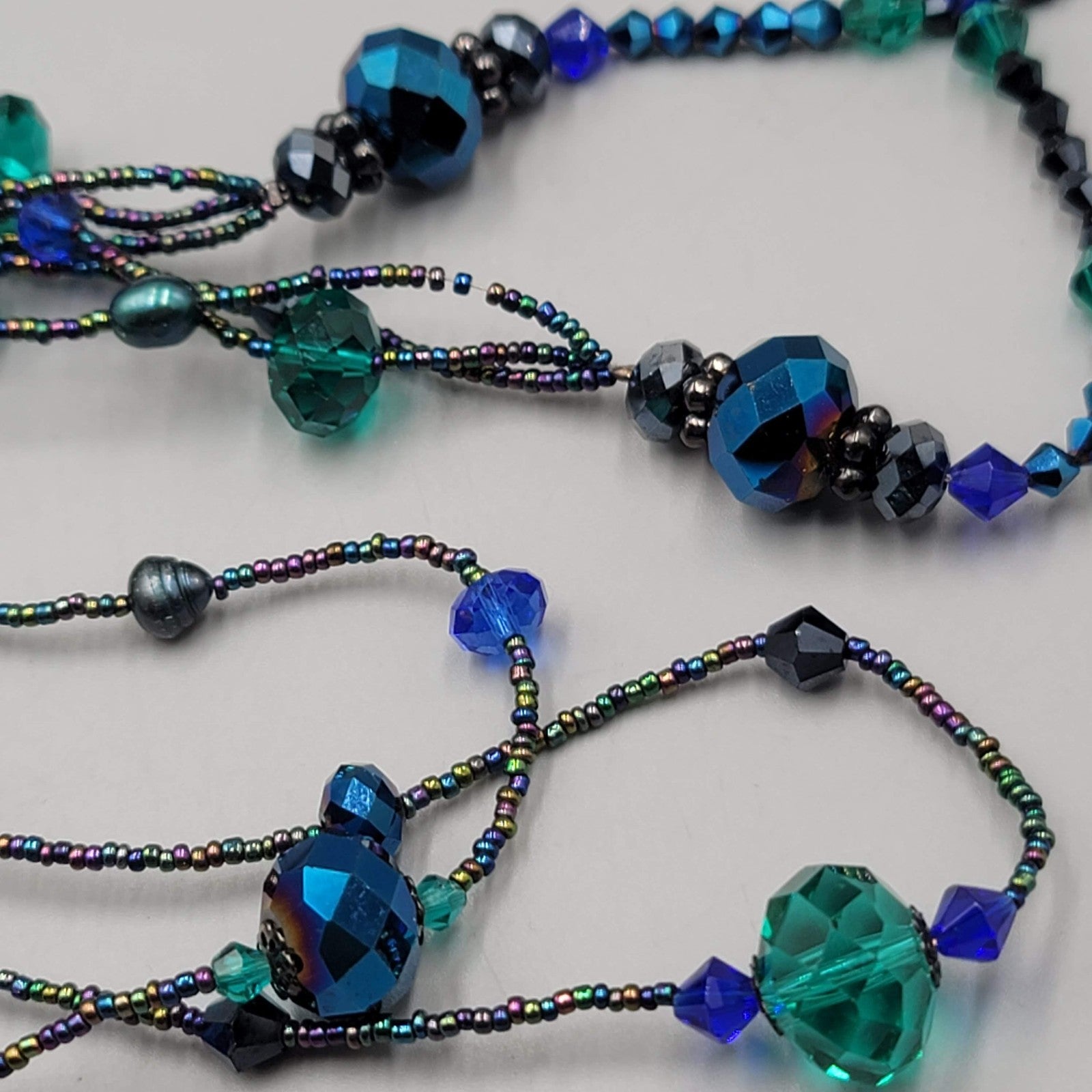 Signed Beaded Necklace Long 30 in Black Purple Green Triple Layer