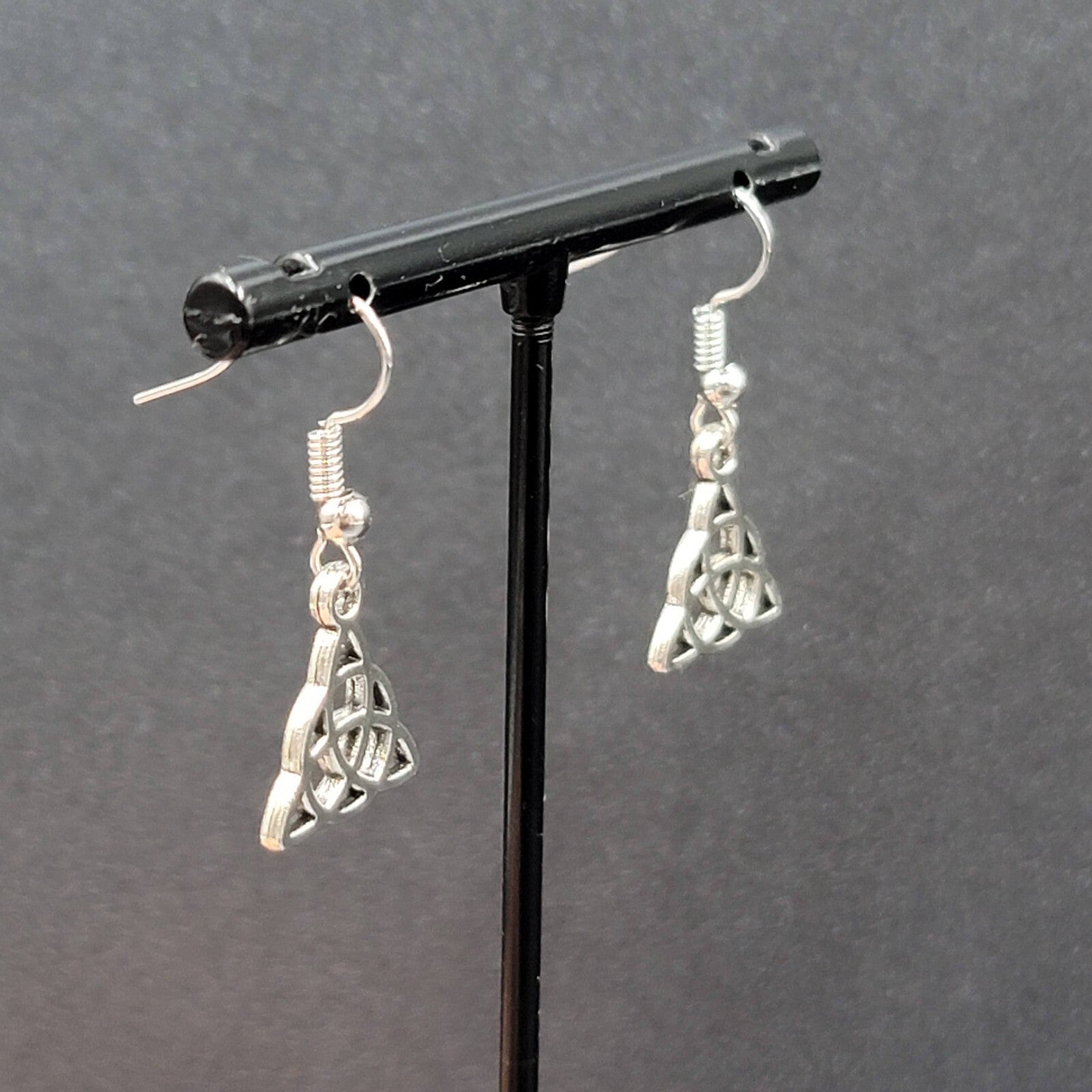 Pierced Earrings Triangle Celtic Knot Silver tone Dangle 5/8"