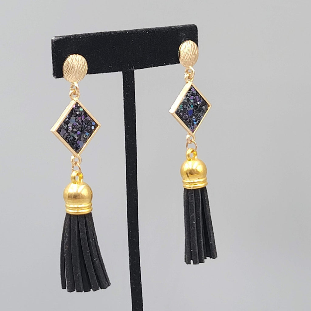 Black Tassel Pierced Earrings Gold tone Dangle 3"