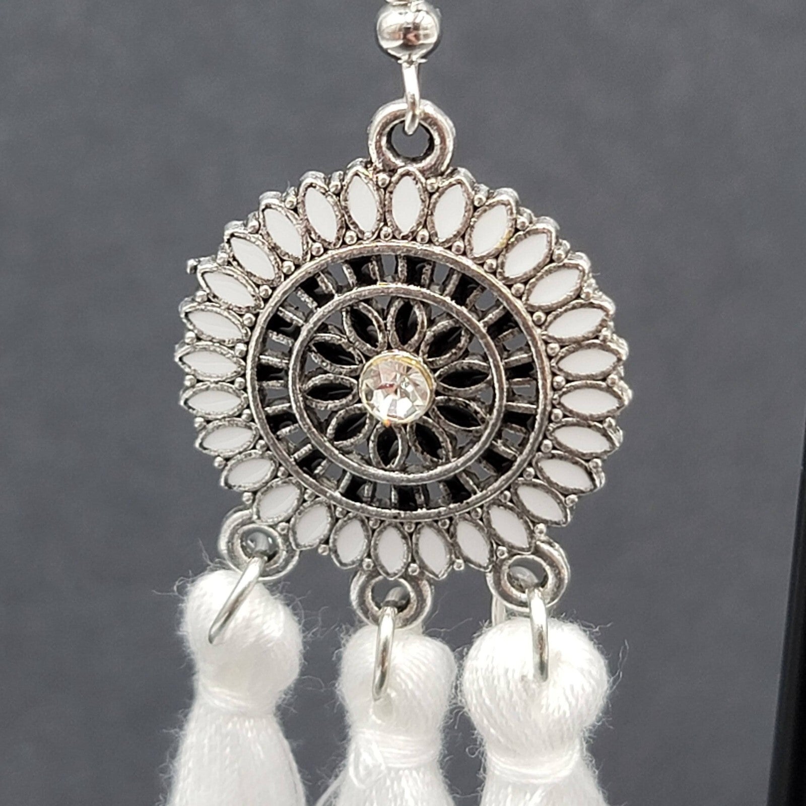 Pierced Earrings Silver tone Enamel Medallion Round Dangle White Tassel 2.5"