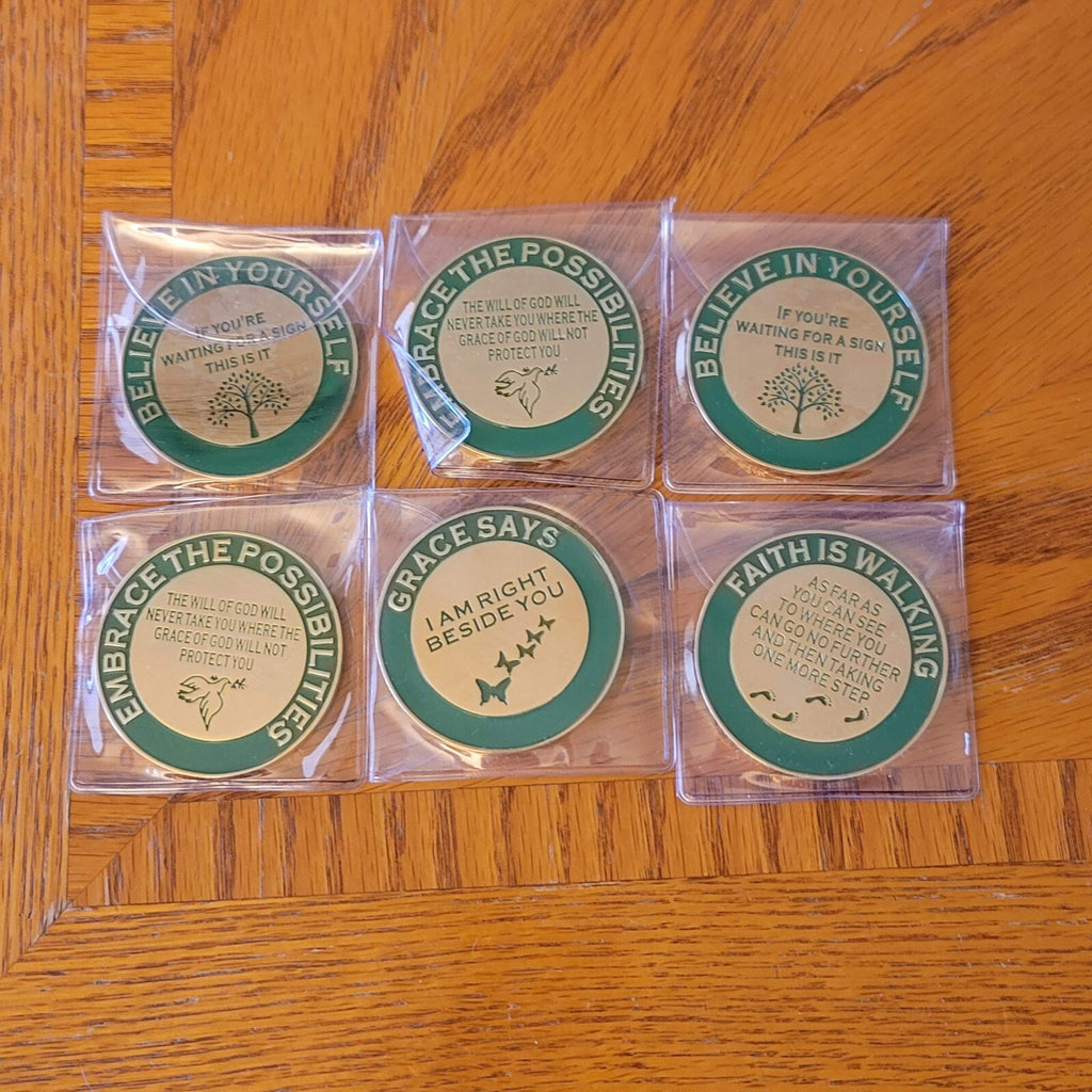 Please Forward Token Lot Coin Medal 2 in Gold tone Green Enamel Lot of 9