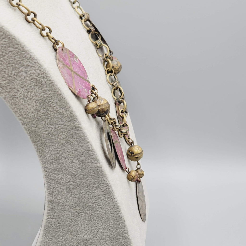 Vintage Artisan Ethnic Necklace Brass Pink Painted Metal Chain Artistic 24"