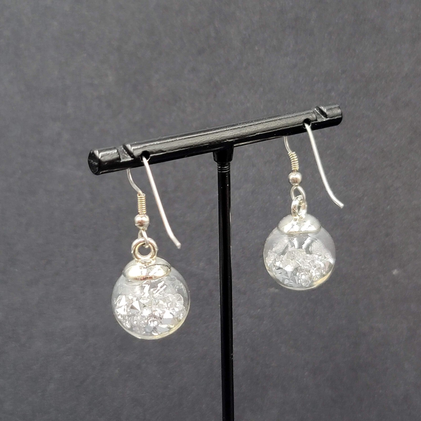 Pierced Earrings Silver tone Loose Clear Rhinestones Filled Sphere Dangle 3/4"